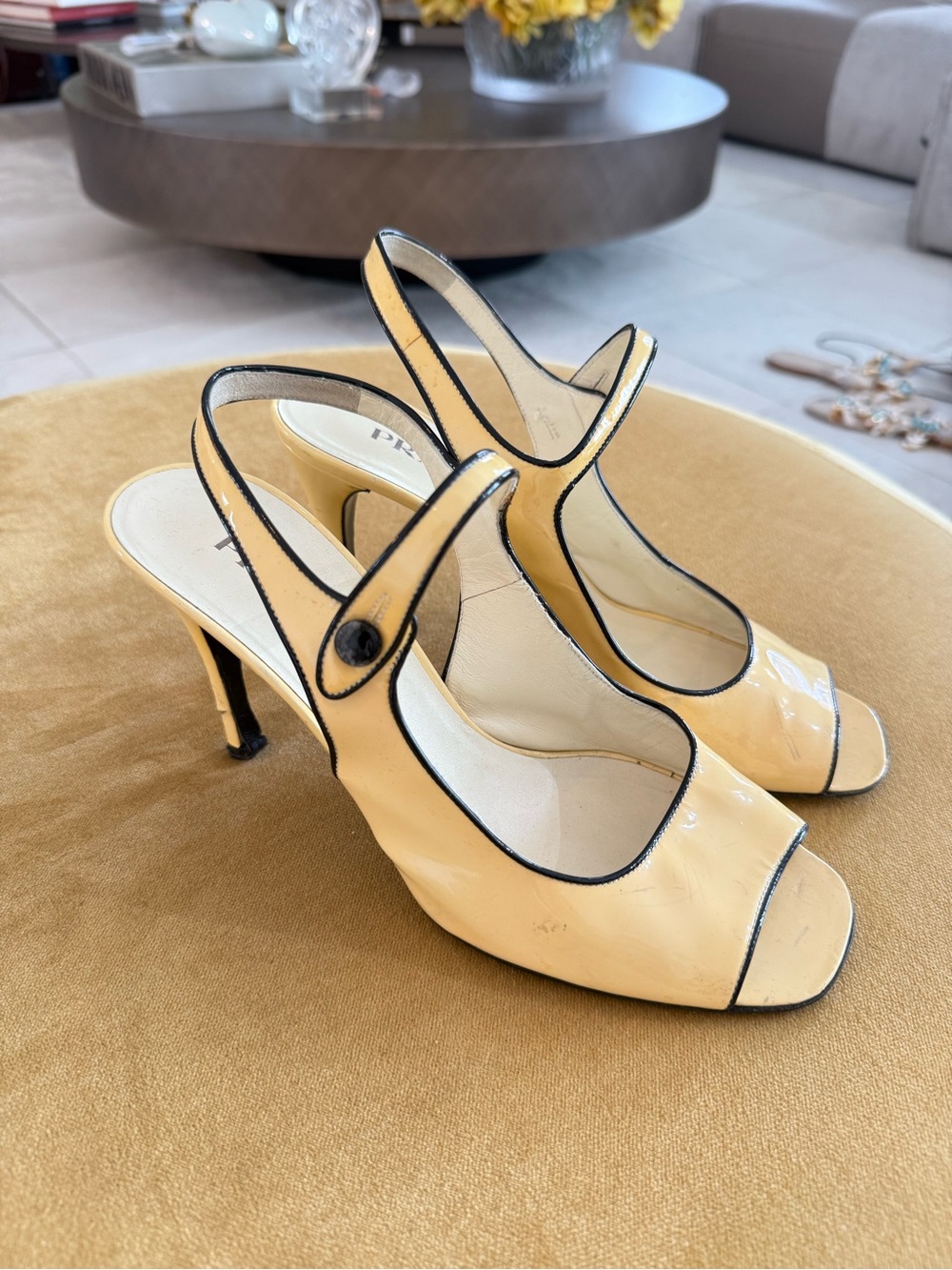 Prada Yellow Patent Leather Mary Jane Slingback Heels with Black Trim - Picture 3 of 11